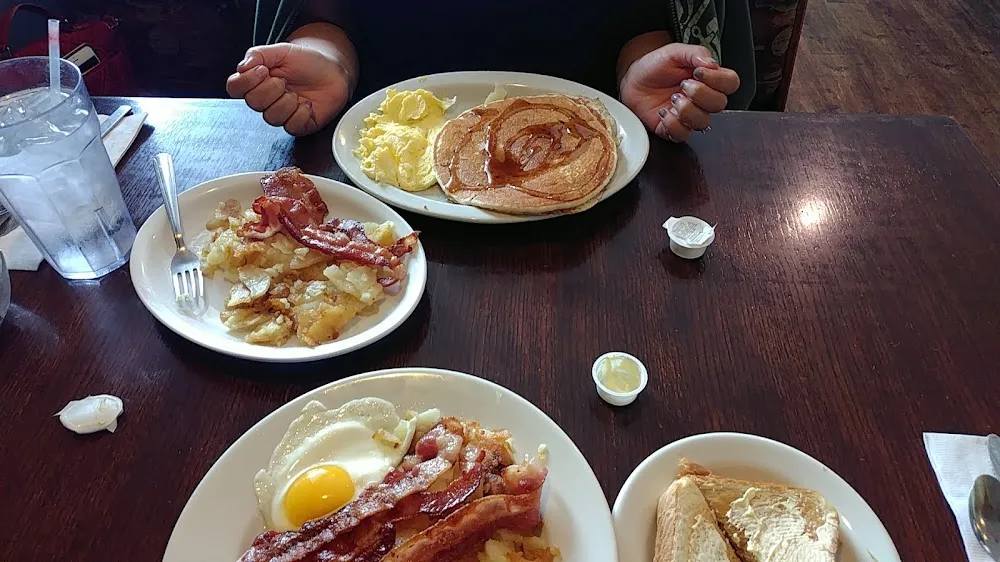 Eggs Bacon Home Fries Pancakes White Toast